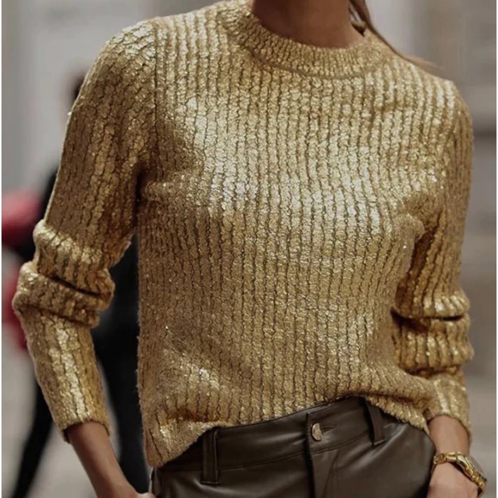 Golden Crew Neck Knitted Bronzing Long Sleeved Sweater LOFT size SP LIKE NEW